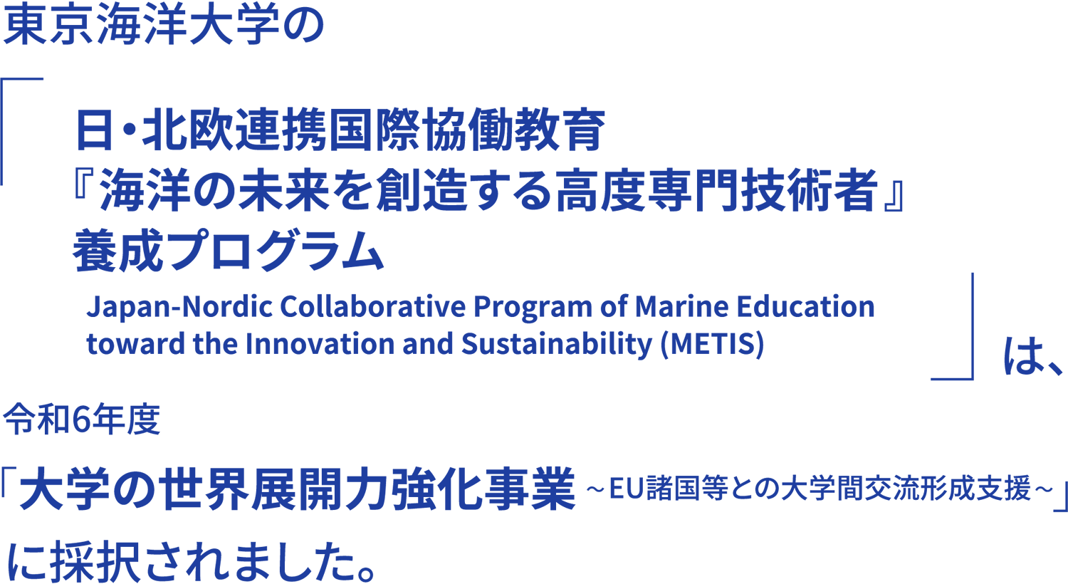 東京海洋大学の「日・北欧連携国際協働教育『海洋の未来を創造する高度専門技術者』養成プログラム（Japan-Nordic Collaborative Program of Marine Education toward the Innovation and Sustainability (METIS)）は、令和6年度「大学の世界展開力強化事業～EU諸国等との大学間交流形成支援～」に採択されました。